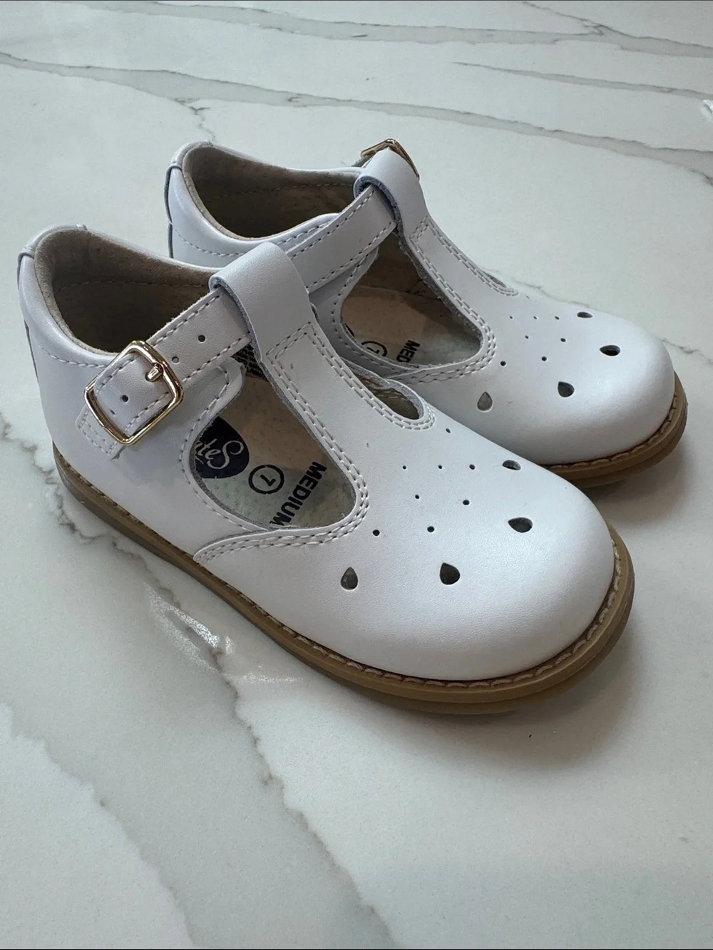 FootMates Harper T-strap White Girls Dress Shoes with Buckle